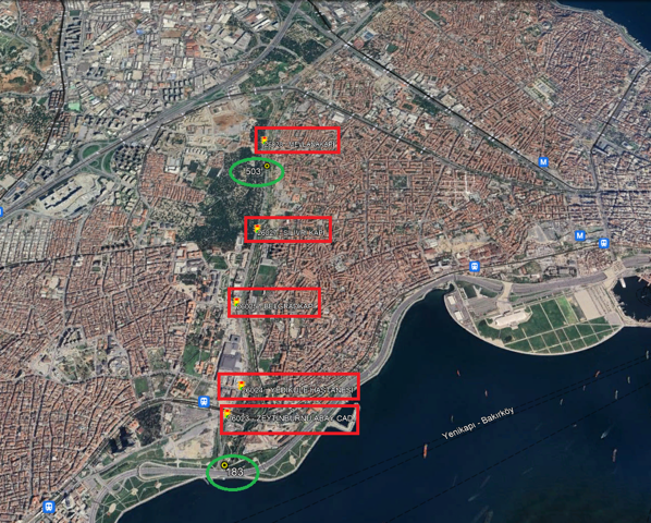 A kiszemelt csomópontok Isztambul térképén